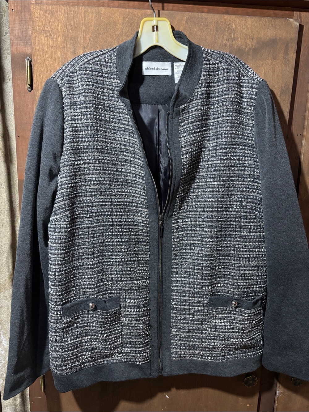 Alfred Dunner Black & Gray Textured Bomber Jacket